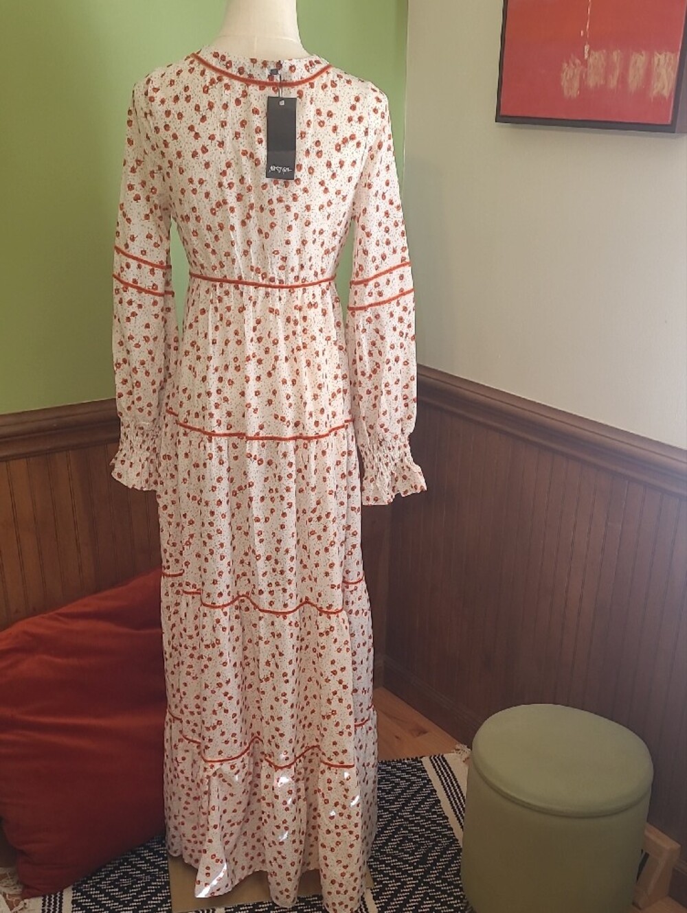 Nasty Gal Cream And Orange Floral Print Maxi Boho Dress With Velvet Piping NWT - Picture 5 of 10